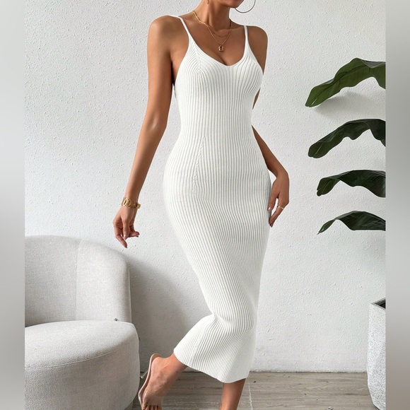 Basic Split Rib-Knit Spaghetti Strap Casual Tank Top Sweater Dress Apricot - Picture 3 of 5